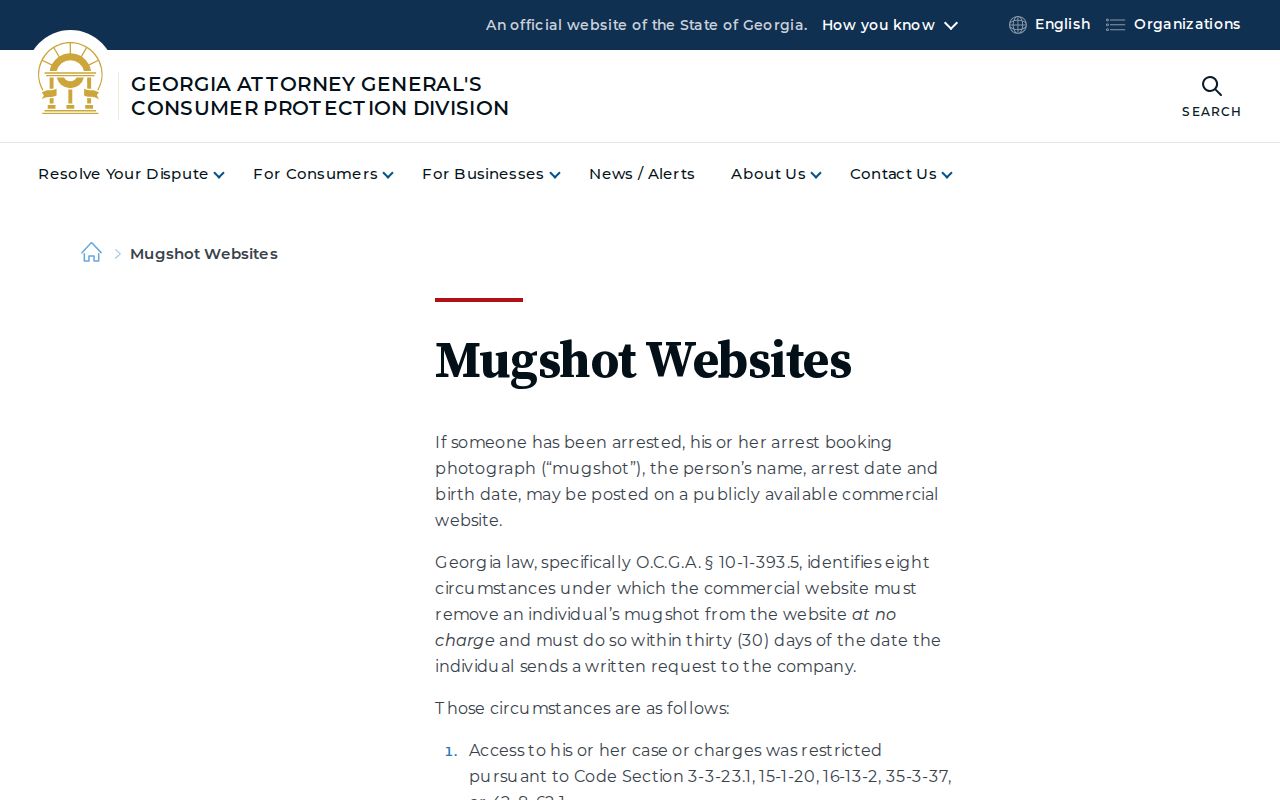 Georgia Attorney General mugshot website removal law explanation