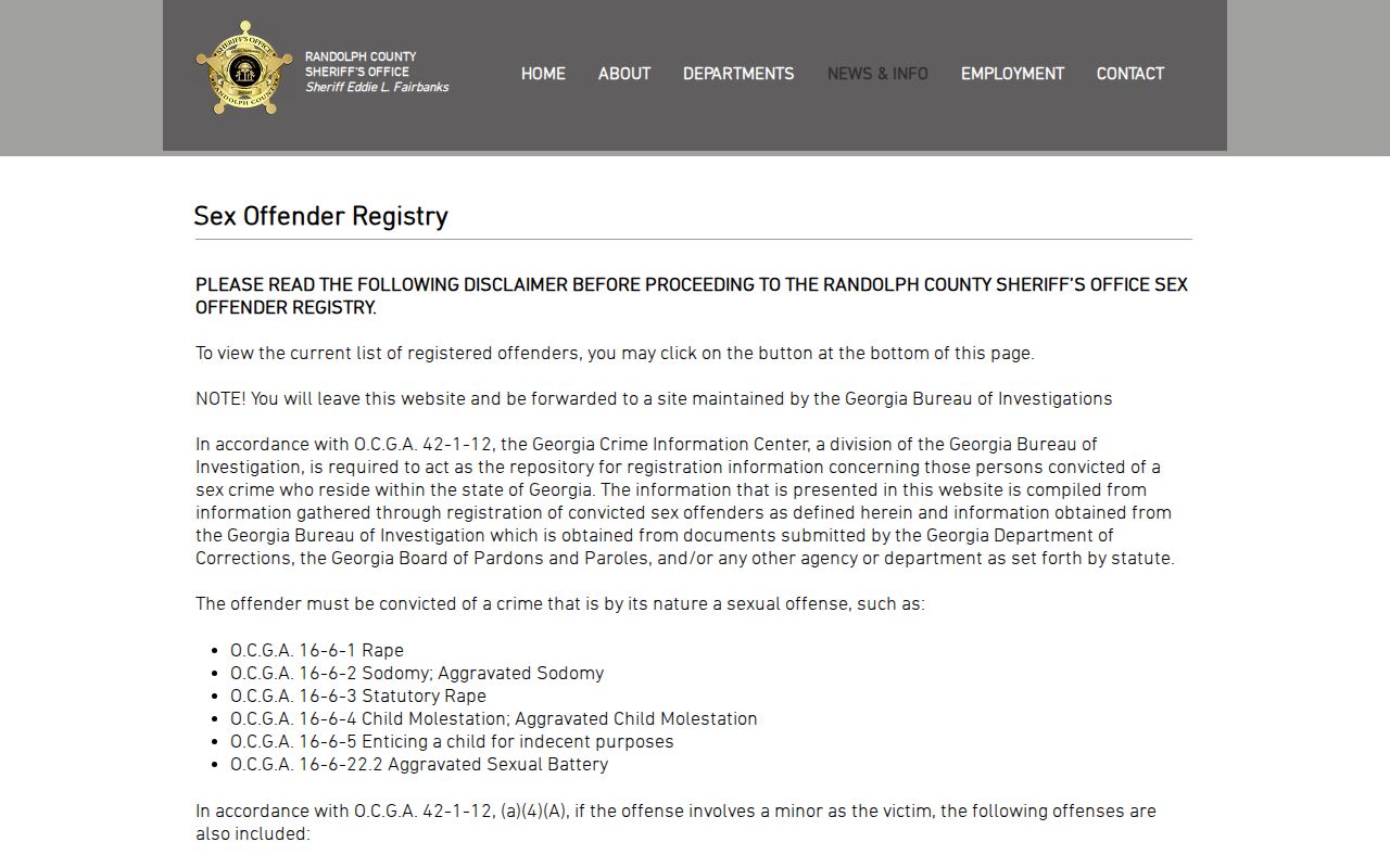 Randolph County Georgia sheriff sex offender registry information page